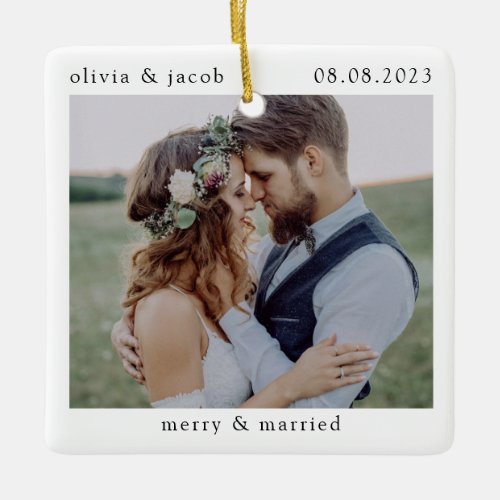 Merry  Married First Christmas Wedding Photo Ceramic Ornament