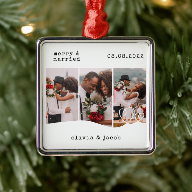 Merry & Married First Christmas Wedding Photo Metal Ornament (Tree)