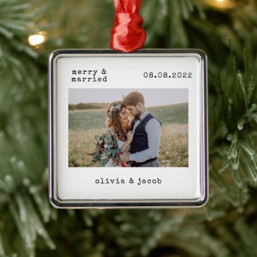 Merry &amp; Married First Christmas Wedding Photo Metal Ornament