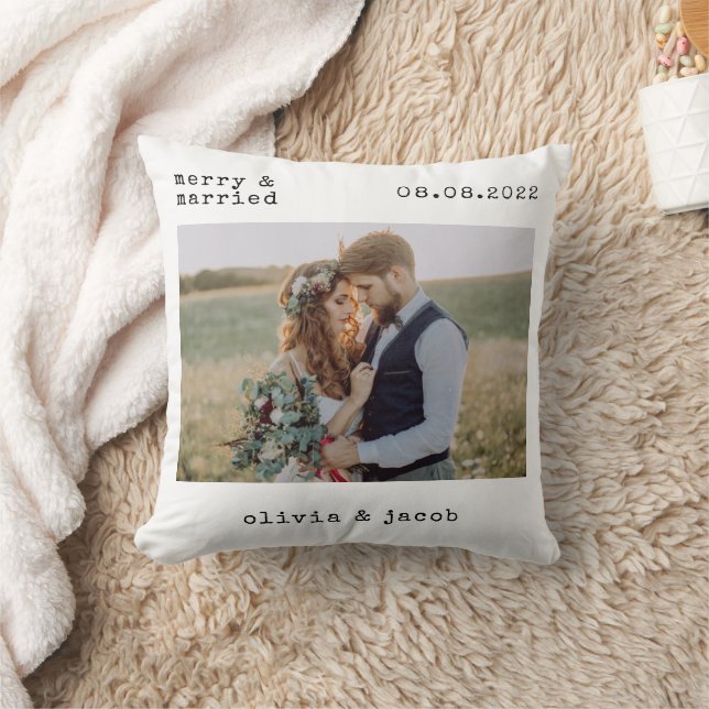Merry & Married First Christmas Wedding Photo Throw Pillow (Blanket)