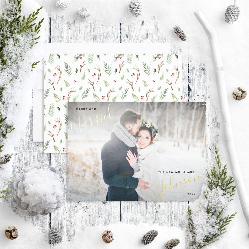 Merry  Married Forest Berry Wedding Photo Foil Holiday Card