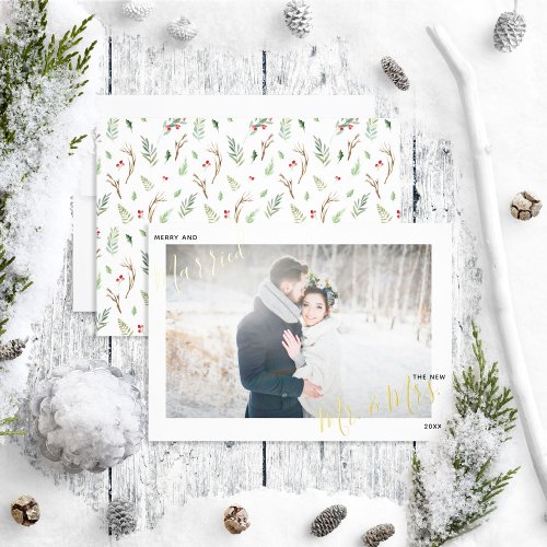 Merry  Married Forest Berry Wedding Photo Foil Holiday Card