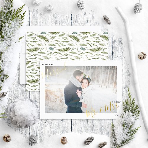 Merry  Married Forest Watercolor Wedding Photo Foil Holiday Card