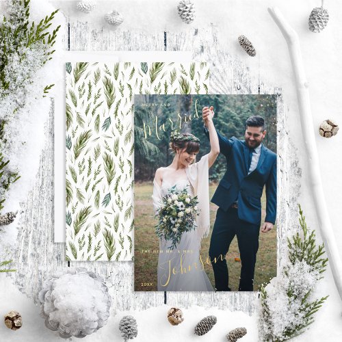 Merry  Married Forest Watercolor Wedding Photo Foil Holiday Card