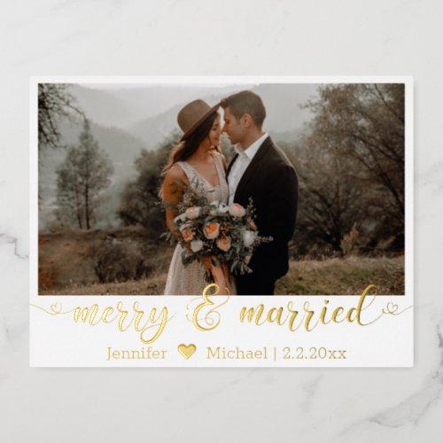 merrymarried gold calligraphy 2 wedding photos  foil holiday postcard