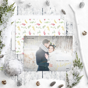 Merry & Married Gold Greenery Wedding Photo Foil Holiday Card