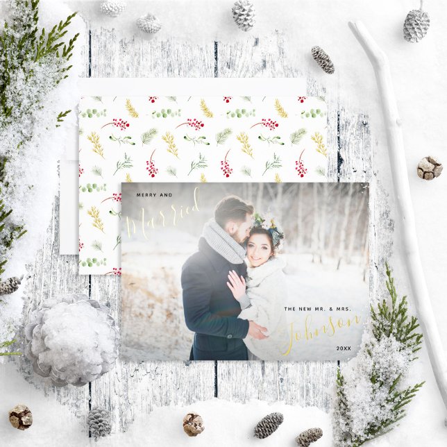 Merry & Married Gold Greenery Wedding Photo Foil Holiday Card (Creator Uploaded)