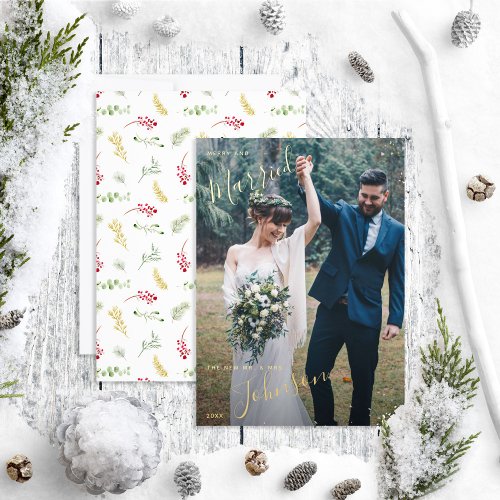 Merry  Married Gold Greenery Wedding Photo Foil Holiday Card