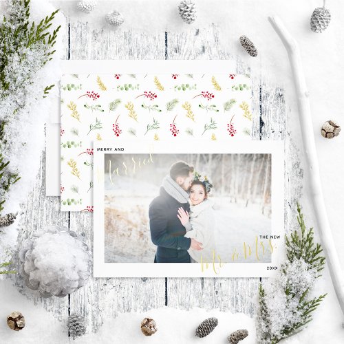Merry  Married Gold Winter Wedding Photo Foil Holiday Card