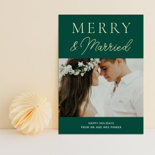 Merry Married Green Gold Script Photo Christmas Foil Holiday Card