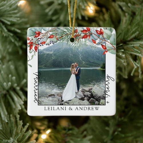 Merry Married Greenery Watercolor Photo Ceramic Ornament