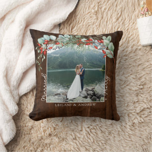 Merry Married Greenery Watercolor Photo Dark Wood Throw Pillow