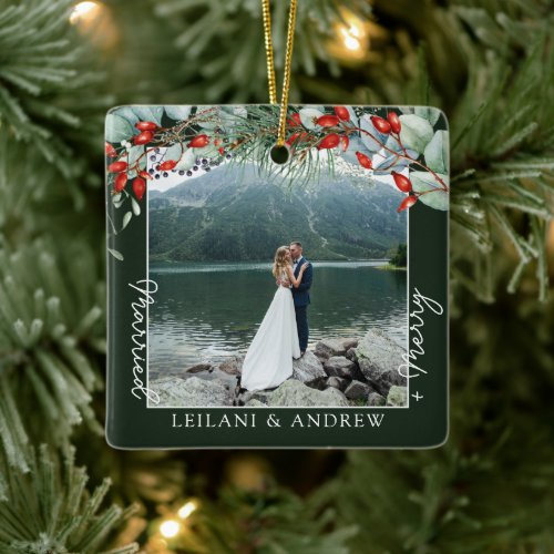 Merry Married Greenery Watercolor Photo Green Ceramic Ornament