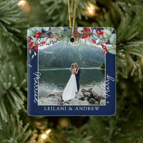 Merry Married Greenery Watercolor Photo Navy Blue Ceramic Ornament