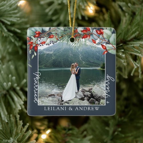 Merry Married Greenery Watercolor Photo Slate Ceramic Ornament