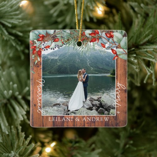 Merry Married Greenery Watercolor Photo Wood Ceramic Ornament