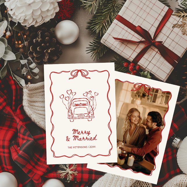 Merry & Married Hand-drawn Red Photo Christmas  Holiday Card (Merry & Married Hand-drawn Red Festive Vintage Retro Christmas Card with Photo)