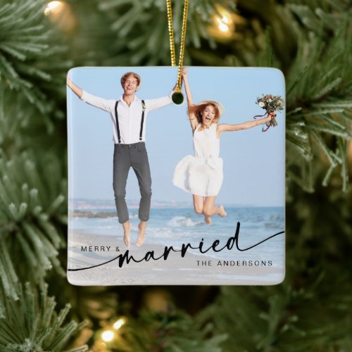 Merry  Married Hand Lettered Photo Ceramic Ornament