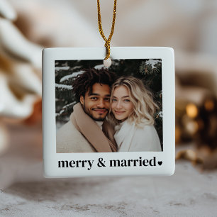 Merry & Married Heart Photo Ceramic Ornament