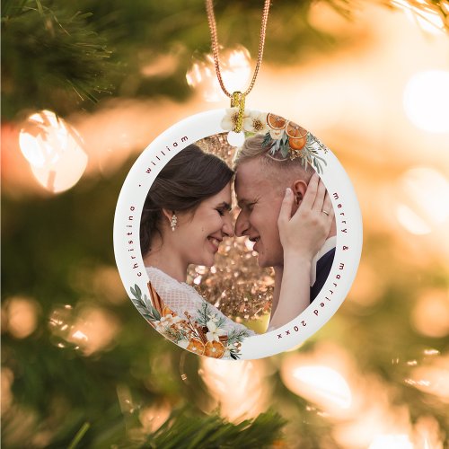 Merry &amp; Married Holiday Wedding Newlyweds Photo Ceramic Ornament