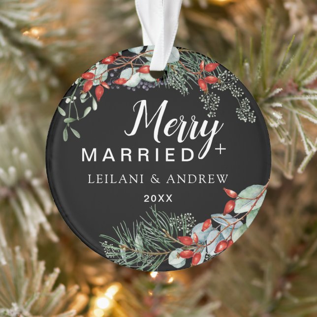 Merry Married Holly Greenery Christmas Black Ornament (Tree)