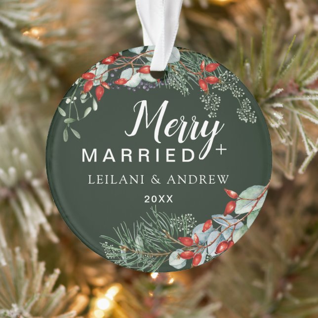 Merry Married Holly Greenery Christmas Green Ornament (Tree)