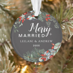 Merry Married Holly Greenery Christmas Grey Ornament