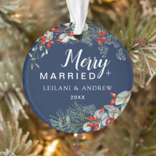 Merry Married Holly Greenery Christmas Navy Ornament