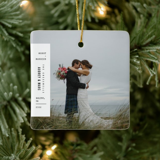 Merry & Married Minimalist Wedding Christmas Photo Ceramic Ornament (Tree)