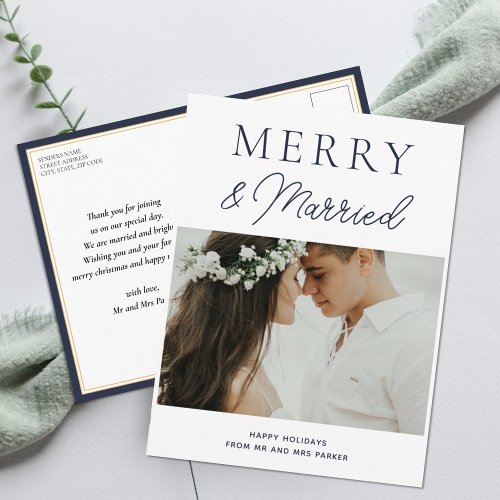Merry Married Modern Blue Script Photo Christmas Holiday Postcard