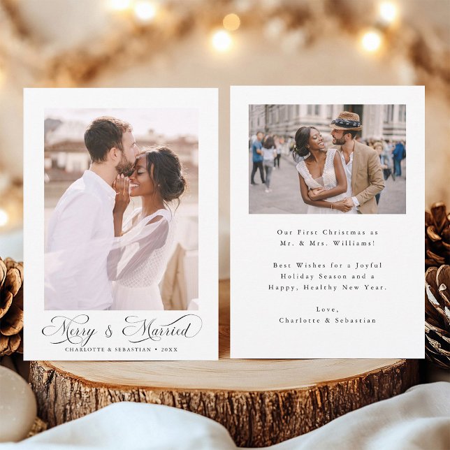 Merry & Married Modern Elegant Script 2 Photo  Holiday Card (Front & Back)