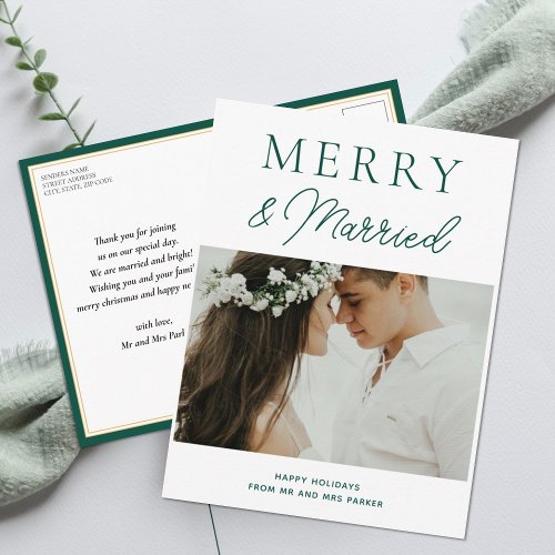 Merry Married Modern Green Script Photo Christmas Holiday Postcard
