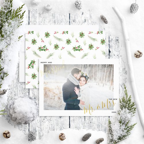 Merry  Married Modern Holly Berry Wedding Photo Foil Holiday Card