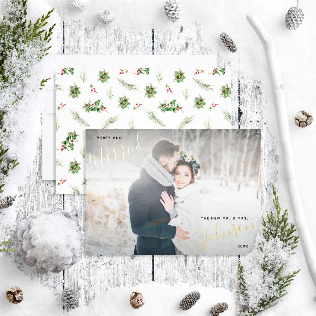 Merry & Married Modern Holly Berry Wedding Photo Foil Holiday Card (Creator Uploaded)