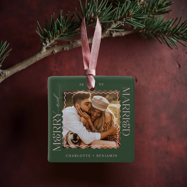 Merry & Married Modern Minimal Wavy Photo Keepsake Ceramic Ornament (Merry & Married Modern Minimal Wavy Photo Keepsake Ceramic Ornament)