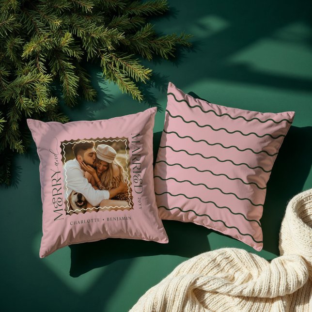 Merry & Married Modern Minimal Wavy Photo Keepsake Throw Pillow (Merry & Married Modern Minimal Wavy Photo Keepsake Pink Throw Pillow)