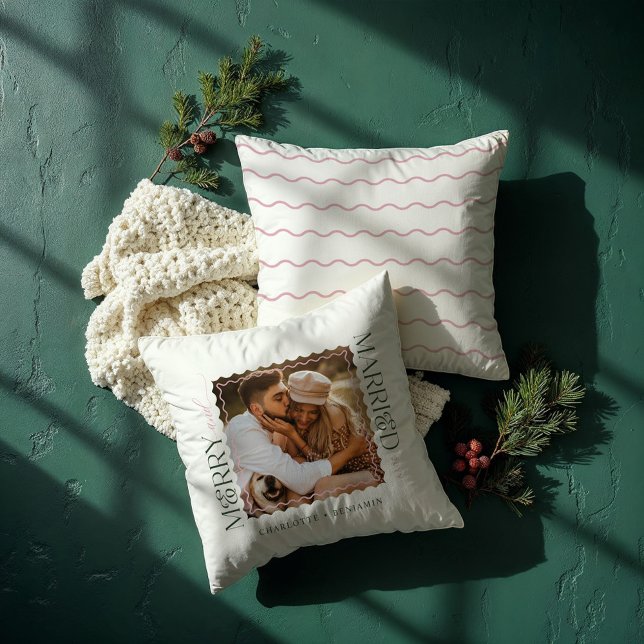 Merry & Married Modern Minimal Wavy Photo Keepsake Throw Pillow (Merry & Married Modern Minimal Wavy Photo Keepsake White Throw Pillow)