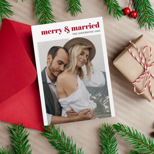Merry  Married Modern Red Cute Photo Christmas Holiday Card