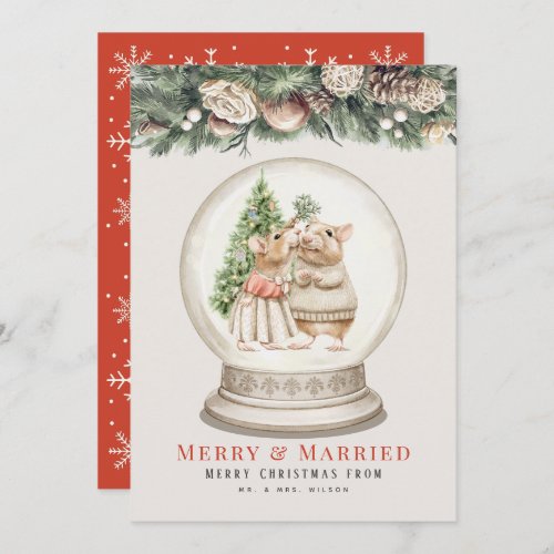 Merry  Married Mouse Couple Christmas Snow Grobe Holiday Card