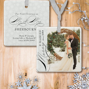 Merry Married Mr and Mrs Vertical Photo Snowflake Ceramic Ornament