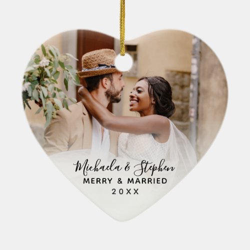 Merry  Married Names Year  Wedding Photo Ceramic Ornament
