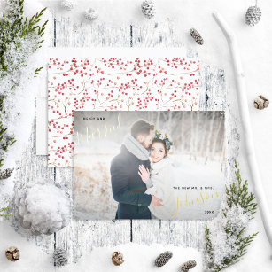 Merry & Married Natural Red Berry Wedding Photo Foil Holiday Card