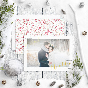 Merry & Married Natural Red Berry Wedding Photo Foil Holiday Card