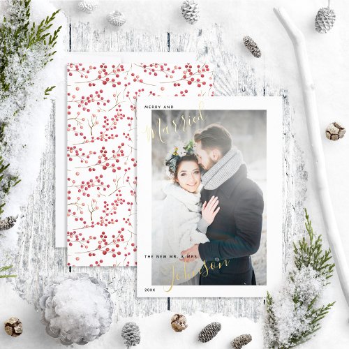 Merry  Married Natural Red Berry Wedding Photo Foil Holiday Card