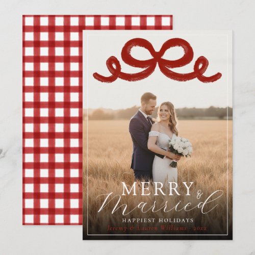 Merry & Married Newlweds Elegant Red Bow Photo Holiday Card