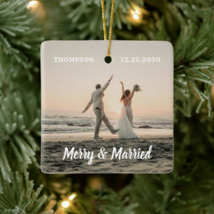 Merry & Married Newlywed Couple Photo Christmas Ceramic Ornament