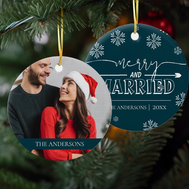 Merry & Married Newlywed First Christmas Photo Ceramic Ornament (Merry & Married Newlywed First Christmas Photo Ceramic Ornament)