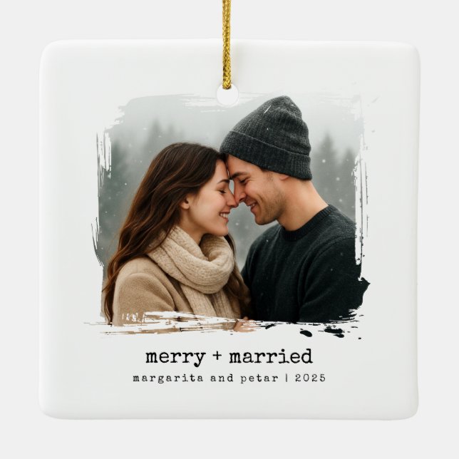 Merry + Married Newlywed First Christmas Photo  Ceramic Ornament (Back)