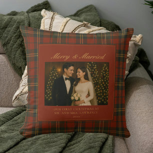 Merry & Married Newlywed First Christmas Photo Throw Pillow