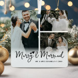 Merry & Married Newlywed Keepsake Christmas Metal Ornament<br><div class="desc">Minimalist newlywed keepsake ornament featuring 3 custom photos of your wedding day,  the cute saying 'merry & married',  your family name,  and the year.</div>